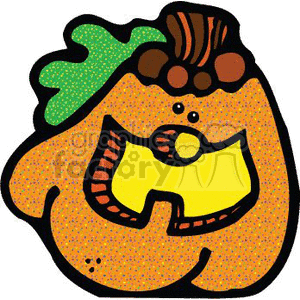 This clipart image features a Halloween-themed illustration of a pumpkin. The pumpkin is decorated with a scary face that has been carved into it, which is a common element found in Halloween decorations. The pumpkin design includes a jagged mouth and a triangular nose, giving it a spooky appearance typical for the holiday. The pumpkin's face is highlighted by the contrasting colors, which make the features stand out.
