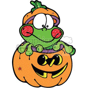 The image is a Halloween-themed clipart featuring a cartoon frog with big eyes sitting inside a carved pumpkin that has a smiling face. The pumpkin appears to be a jack-o'-lantern used for Halloween decorations, and the frog is styled in a playful and cute manner, rather than a scary one. The frog is mainly green with red spots on its cheeks and purple accents on its limbs. The pumpkin has a carved face with a grin and triangular eyes, typical of traditional jack-o'-lanterns.