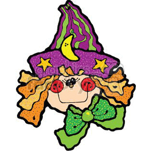 The clipart image displays a stylized cartoon interpretation of a young witch associated with the Halloween theme. The witch is characterized by large, expressive eyes with rosy cheeks, a prominent witch hat in purple adorned with yellow stars and a moon, as well as flowing orange hair. Additionally, the witch wears a green bow at the neck, completing her Halloween costume.