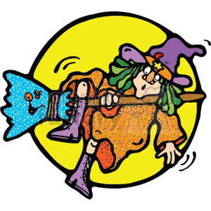 The clipart image depicts a whimsical and colorful cartoon of a witch flying on her broom. The witch appears to be struggling to maintain balance as she flies against the backdrop of a full moon. She has green hair, is wearing a patterned dress, boots, and a drooping purple hat, and the broom has a smiling face on it.