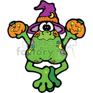 The clipart image depicts a green frog wearing a purple witch hat adorned with orange spots. The frog is holding two small jack-o'-lantern pumpkins in its hands and appears to be hanging or floating in the air, with bubbles or spots on its body. The frog has large eyes and a surprised or startled expression on its face.