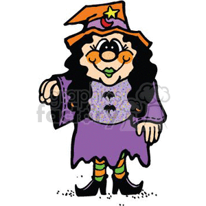The clipart image depicts a cheerful cartoon witch associated with Halloween. She is wearing a purple and orange witch costume with a pointy hat adorned with a star. The witch has long black hair and is smiling. She also features a small bat symbol on her dress and striped stockings with curled-toe shoes.