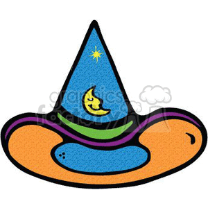 The image is a colorful clipart of a witch's hat, often associated with Halloween. The hat appears to have a whimsical design, with a main blue color decorated with stars and a crescent moon. It also features a broad purple band with green and orange outlines. The hat is cartoony and stylized, giving it a fun and festive look suitable for Halloween-themed content.