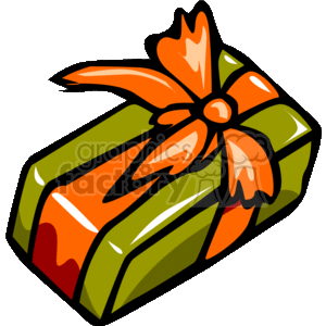 The image is a colorful clipart of a gift or present, which is wrapped in green and orange with a bow on top. It appears to be associated with Kwanzaa, a celebration that honors African heritage in African-American culture.