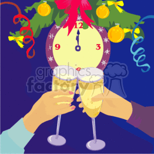 The image is a festive clipart illustrating a New Year's celebration. It features two hands holding champagne glasses, toasting. Above the glasses, there's a clock about to strike midnight, adorned with snowflakes and positioned against a yellow glow. The clock is hanging from a decoration that includes mistletoe, oranges, leaves, ribbons, and serpentine streamers against a dark blue background.