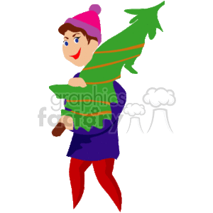 The clipart image depicts a person carrying a freshly cut Christmas tree. The individual is dressed in winter clothing, which includes a hat, coat, and tights. The person appears to be happy and is likely taking the tree home for decorating in celebration of the Christmas and New Year holidays.