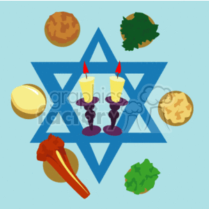 The clipart image depicts symbols associated with the Jewish holiday of Passover. Centered in the image is a large Star of David, a symbol commonly associated with Judaism. Inside the star are two lit candles in candle holders, which are often lit during Jewish holidays and the Sabbath. Surrounding the Star of David are items that can be seen as representations of traditional Passover foods, which might include matzah (unleavened bread) and bitter herbs (maror), among others. These elements reflect the Passover Seder, a ritual feast that marks the beginning of the holiday.