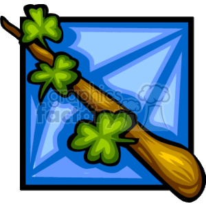 The clipart image shows a wooden shillelagh, a traditional Irish walking stick, with three-leaf clovers attached to it. The background features a blue geometric design that gives the appearance of a crystalline pattern.
