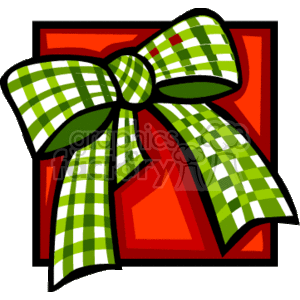 The clipart image features a green and white checkered bow with a red background. 