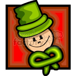 The image is a clipart of a whimsical leprechaun associated with St. Patrick's Day celebrations. It features a happy, cartoonish leprechaun face with a prominent, cheerful smile, wearing a green top hat. The leprechaun is set against a swirling, red and brown abstract background.