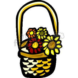 This image features a woven basket with a handle, filled with stylized flowers in red, yellow, and orange colors, representing the fall/autumn season. The flowers have a simplified, decorative look, evocative of festive occasions like Thanksgiving.