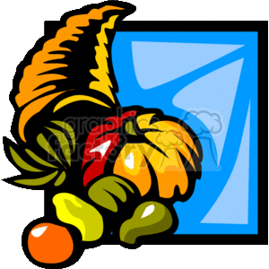 The clipart image depicts a cornucopia, which is a traditional symbol of abundance and the harvest. Inside the cornucopia, there are various fruits and vegetables, which typically represent the bounty of the harvest season. It includes a pumpkin, which is a common autumnal gourd, and other items such as a red apple, green grapes, and perhaps a pear. The image seems designed to evoke the spirit of Thanksgiving and the harvest holidays.
