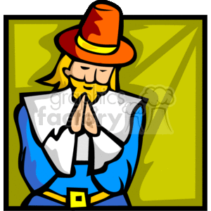 This clipart image depicts a cartoon of a pilgrim, associated with Thanksgiving holidays. The pilgrim is portrayed with a classic hat with a buckle, a beard, praying hands, and is wearing a blue outfit with a white collar and cuffs.