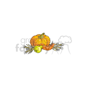 The clipart image includes an orange pumpkin with a visible stem, a slice of pumpkin, a green apple, and some wheat stalks in the background.