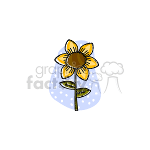 The clipart image showcases a single yellow sunflower with a brown center and green leaves. The sunflower appears stylized and simplified, typical of clipart designs. It's set against a white background with what looks like blue polka dots or specks.