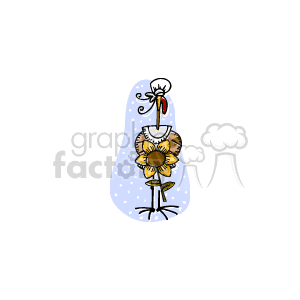 The image is a clipart illustration featuring a turkey with a sunflower. The turkey is depicted in a whimsical manner commonly associated with holiday-themed graphics. It has a chef's hat on its head, and the sunflower, quite large in comparison, appears to be in place of the turkey's body.
