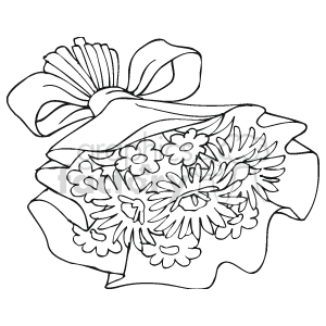 The clipart image shows a black-and-white line drawing of a bouquet of flowers, wrapped in a decorative cloth or paper with a bow on top.