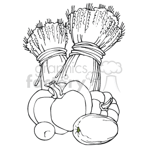 The clipart image depicts a Thanksgiving theme with sheaves of wheat tied together at the center and a variety of pumpkins gathered at the base. The image is a monochrome line drawing, likely intended for coloring activities or as a decorative graphic.