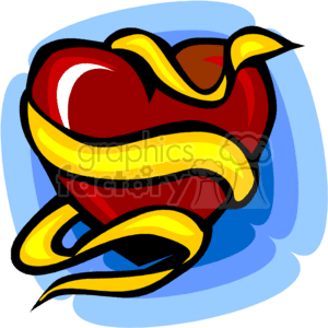 The clipart image shows a stylized red heart with yellow ribbon-like elements swirling around it. The background features a blue shade, giving the impression of a dynamic and lively heart design.