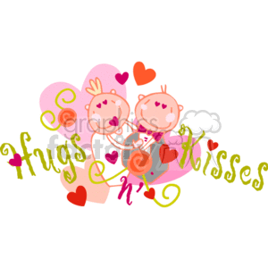 The clipart image features two stylized cartoon characters in an embrace, with one giving the other a kiss on the cheek. They are surrounded by hearts of various sizes and colors, suggesting a romantic or affectionate theme. The words hugs and kisses, written in a whimsical, decorative font, are also part of the image, reinforcing the themes of love and affection typically associated with Valentine's Day.
