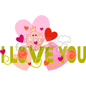The clipart image features a whimsical design with a central creature that appears to be a smiling face with a crown, arms outstretched, surrounded by variously sized hearts in pink and red. Behind the creature, there are two large pink hearts, and in the foreground, the words LOVE YOU are written in green, stylized, lowercase letters adorned with smaller hearts and two flower-like decorations resembling roses. The overall theme suggests a loving, joyous sentiment often associated with Valentine's Day or expressions of affection.