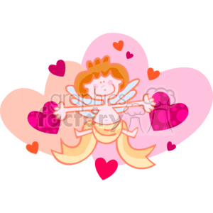 The image depicts a stylized illustration of a cupid, which is often associated with Valentine's Day. In the image, the cupid has orange hair, wings, and is holding a bow with heart-shaped ends. The background features hearts of various sizes and shades of pink and red. This image symbolizes love and the celebration of Valentine's Day.