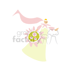 The image contains a simple, stylized representation of a bride, part of a wedding theme. The bride appears to be dressed in a white wedding gown with pink and green floral accents and is holding a bouquet. There is a flowing pink veil attached to the bride's hair. The style is cartoonish and abstract, fitting for use in wedding-related content.