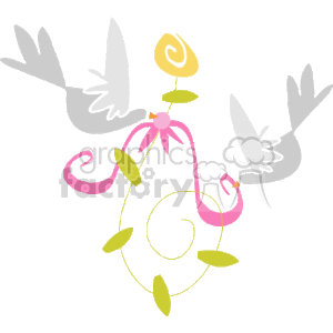 This clipart image depicts two white doves in flight, facing away from a central decorative element that includes a bell with a pink ribbon bow. The bell has a yellow clapper, and there is a curling vine-like design with yellow and pink accents, possibly representing leaves and flowers, which connects to the bow.