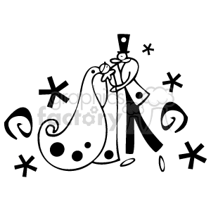 The clipart image depicts a stylized bride and groom in wedding attire. The bride wears a flowing dress with dot patterns, resembling polka dots, and the groom is in a suit with a bow tie and top hat. Both figures seem to be in a celebratory pose with adornments like stars and swirls around them, which might suggest a festive and joyous atmosphere typical of weddings.