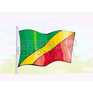 The image shows a stylized illustration of a flag. The flag features a diagonal yellow stripe that divides two different colors, green on the upper left and red on the lower right. This design is reminiscent of the national flag of the Republic of the Congo.