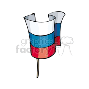 This clipart image features a cartoon depiction of a Russian flag, which is recognizable by its three horizontal stripes of white, blue, and red, from top to bottom. The flag is shown with a fluttering effect, suggesting it is waving in the breeze, and it is mounted on a small pole or stick.