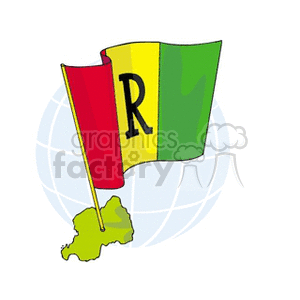 The clipart image features a stylized representation of the Rwandan flag, using the colors red, yellow, and green, with a large letter R superimposed on the yellow section. This is placed in front of a simplistic globe background, and there is an outline of a landmass that appears at the pole of the ‘globe’, which is  intended to represent the country of Rwanda.