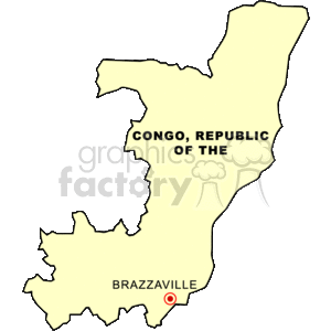 This image is a clipart map of the Republic of the Congo. It is a simplified illustration showing the outline of the country. The capital city, Brazzaville, is marked with a red circle.