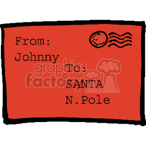 The clipart image shows a red envelope addressed to Santa. The envelope has From: Johnny To: SANTA N. Pole written on it, indicating it is a letter sent by a child to Santa Claus at the North Pole. There is a simple drawing of a circular stamp with wavy lines representing a postmark at the top right corner.