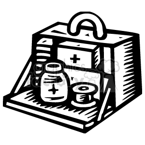This is a black and white clipart image of a medical first aid kit. The box is depicted with a carrying handle and the universal medical cross symbol. Visible contents include two bottles, each with a cross symbol, which could represent medication or solutions, and two rolls that may suggest bandages.
