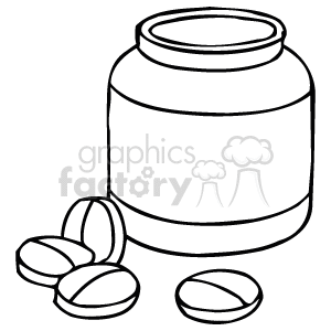 The clipart image depicts a medical pill bottle with the cap off and several pills lying next to it. These elements are frequently used to represent pharmaceuticals, health care, and medicine.