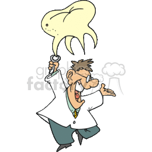 The clipart image features a comical depiction of a dentist holding an oversized, exaggerated tooth. The character appears to be happy and excited, possibly proud or ready to perform dental work. The dentist is wearing a white lab coat, glasses, and is seen holding dental forceps or pliers that are clamped onto the huge tooth.