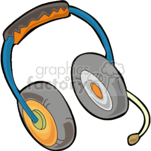 The image is a clipart of a pair of over-ear headphones with a microphone attached, typically used for listening to music or for gaming. 