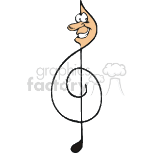 The clipart image depicts a stylized treble clef that has been given an anthropomorphic and playful character design with facial features. It has eyes, a nose, a smiling mouth, and seems to be expressing a jovial emotion.