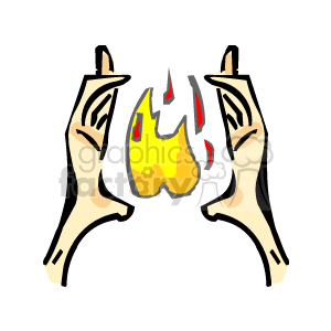 The clipart image depicts a pair of stylized hands cupped and positioned on either side of a flame. The fire is illustrated in yellow with red accents, suggesting movement and the natural flickering of flames.