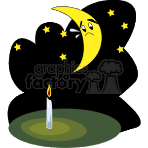 This clipart image features a scene set at night with a stylized crescent moon showing a sad facial expression, as if it's crying. There is one candle with a lit flame in the foreground, and several stars are scattered around the night sky.