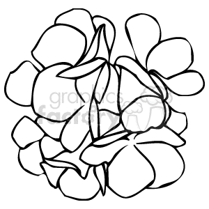 This is a black and white clipart image featuring a cluster of simple, stylized flowers. The flowers are depicted in a graphic manner with thick outlines, and the details within the blooms are minimal, suggesting petals and leaves.