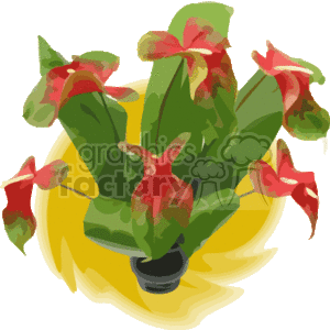 The clipart image features a bouquet of tropical Hawaiian flowers with a lush green foliage, placed in a black pot upon a yellow surface, presumably a tablecloth or a decorative base, which is not fully visible.