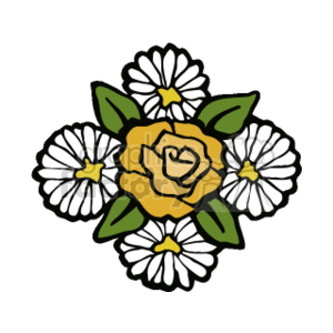 The clipart image contains a central yellow rose surrounded by white daisy-like flowers with green leaves interspersed between them. The design is symmetrical and appears to have a simple, stylized look.