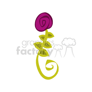 The image is a stylized clipart of a flower with a single purple bloom and a green stem with leaves, and it has a whimsical, curly design.