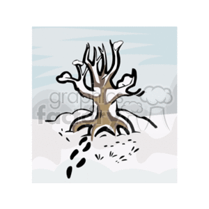 The clipart image features a leafless tree with bare branches surrounded by snow. The sky in the background has a gradient going from white to blue, suggesting a cold winter day. There are also traces of footprints or animal tracks in the snow near the base of the tree.