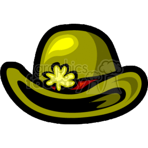 The clipart image shows a stylized hat that has a greenish hue with a band around the base. On the band, there is a clover or shamrock depicted, indicating an Irish theme. The hat also features a small red decorative element that looks like a bow or ribbon, which adds a touch of contrast to the design.