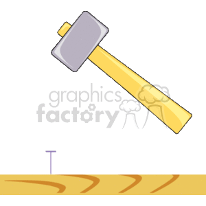 The clipart image shows a hammer positioned above a nail that is partially driven into a wooden board, suggesting the action of hammering a nail during a construction or carpentry task.