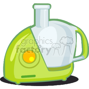 The image shows a cartoon of a green food processor with a feeding tube, a central processing unit, and control buttons. It's a kitchen appliance used for chopping, mixing, or pureeing foods.