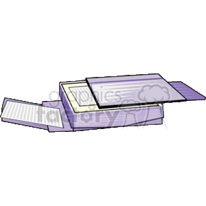 This is a clipart image of a purple flatbed copier or scanner machine with an open lid and a piece of paper on it, which appears to be either being scanned or copied.